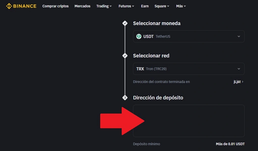 Dirección de TRX en Binance