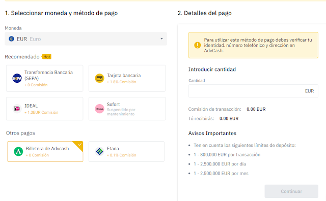 Metodos de deposito binance seleccion Advcash