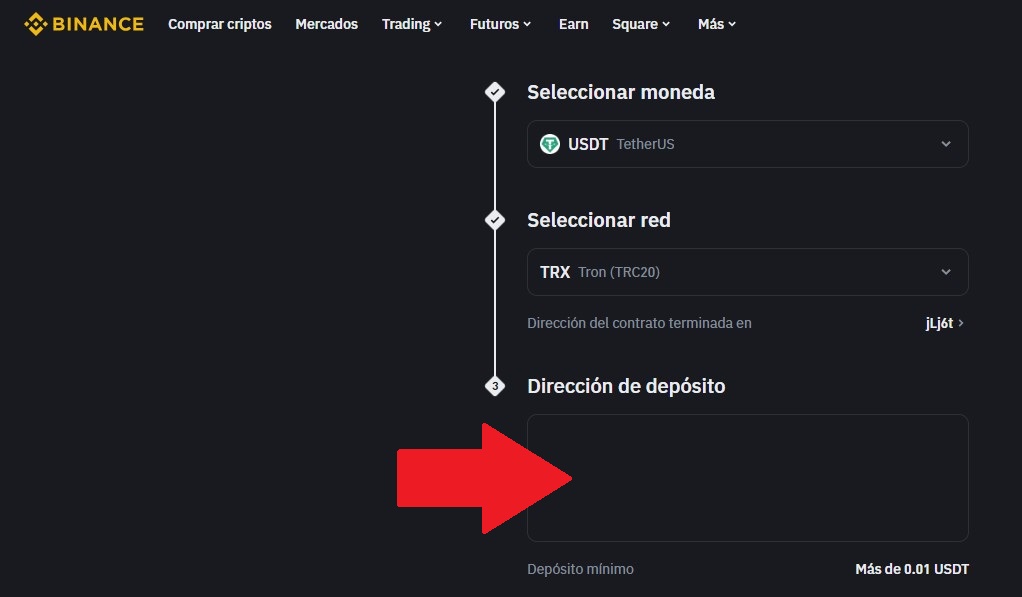 Dirección de TRX en Binance